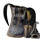 viking Drinking Ox horn mug for beer with shot glass and THOR SHINE POLISHED