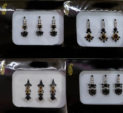 Paquete de 12 Bindi Nupcial Largo Indio Premium Tachonado con Piedras Plateadas y Negras Niña Foto 1 de 3