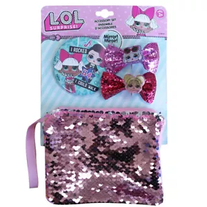 LOL SURPRISE! GIRL'S ACCESSORY SET 2 HAIR BOWS, I TWO WAY SEQUIN POUCH, 1 MIRROR - Picture 1 of 1