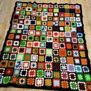 Vtg Handmade Crochet Black Granny Square Afghan Lap Blanket Throw Rosanne 49x59” - Picture 1 of 6
