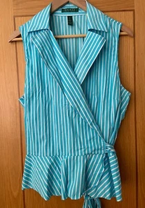 LAUREN RALPH LAUREN Striped Wrap Front Shirt XL - 100% Cotton Sleeveless Blouse - Picture 1 of 8