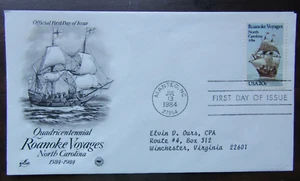 Quadricentennial Roanoke Voyages North Carolina Manteo, NC 1984 20Cent Stamp FDC - Picture 1 of 2