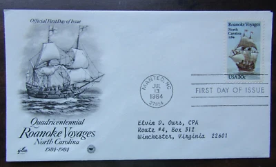 Quadricentennial Roanoke Voyages North Carolina Manteo, NC 1984 20Cent Stamp FDC - Image 1 of 2