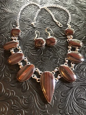 Collar Colgantes Artesanal Suroeste Matriz de Hierro Ojo de Tigre 18-24" con Pendientes Foto 1 de 4