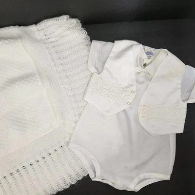 Antigo Roupa de batizado de batismo meninos bebê branco uma peça, colete, cobertor  - Imagem 1 de 4