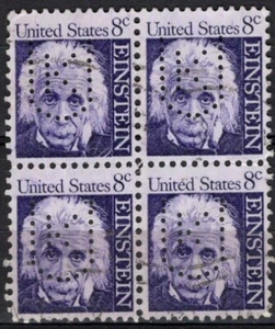 Perfins USA 1965, Sc1285 4x 8c Albert Einstein. Used UK - Picture 1 of 3