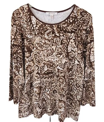JM Collection Top XL 棕色花卉漩涡 3/4 袖圆领针织弹力 — 第 1/4 张图片