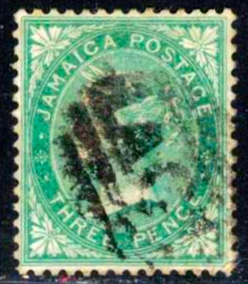 Jamaica Scott #3 Used Green 1863 Queen Victoria Pineapple Wm. SCV $33. ~ B2393 - Image 1 of 2