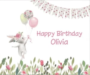 BUNNY RABBIT PINK FLOWERS GARDEN BALLOONS BIRTHDAY PARTY BANNER BACKDROP - Bild 1 von 4