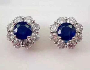 2Ct Round Cut Lab Created Blue Diamond Stud Earring 14k White Gold Plated - Picture 1 of 4