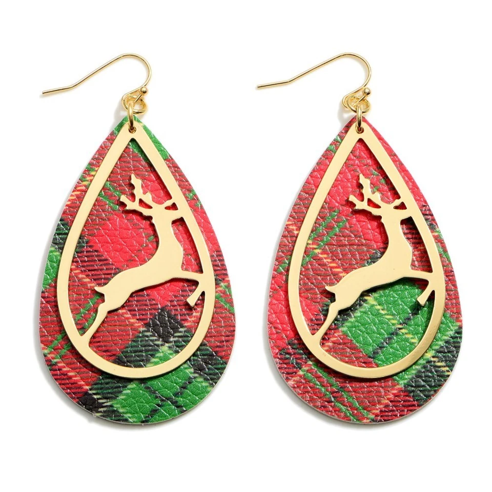 Lindos Pendientes de Reno de Navidad Ovalados de Cuero a Cuadros Rojo y Verde y Metal Dorado Foto 1 de 1