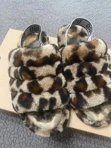 UGG Fluff Yeah Slide Girls Size 3 Cheetah Slippers Leopard Brown Youth Winter - Picture 1 of 15