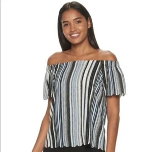 Elle Size L Off Shoulder Scalloped Striped Top Women's - Picture 1 of 6
