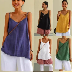 Camisetas sin mangas Camiseta Algodón Lino Túnica Blusa Verano Mujer Camiseta Chaleco - Imagen 1 de 13
