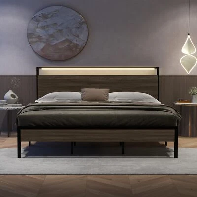 Cama plataforma metálica con luces LED: puertos USB, fácil montaje, silencioso Foto 1 de 4