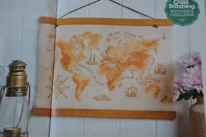 Vintage Map Sampler Showing Continents Oceans Tall Ships Cross Stitch Chart - Picture 1 of 1