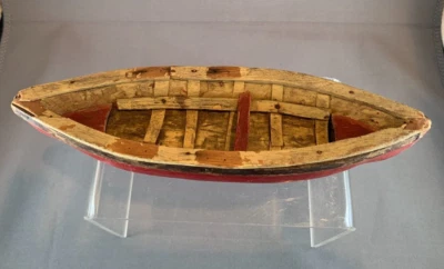 Rare Antique American Folk Art Handmade Red & White Wood Toy Boat Amazing Detail - Image 1 of 4