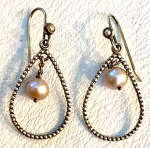 Vintage PANDORA Compose Teardrop White Pearl Earrings Sterling Silver Ale - Picture 1 of 5