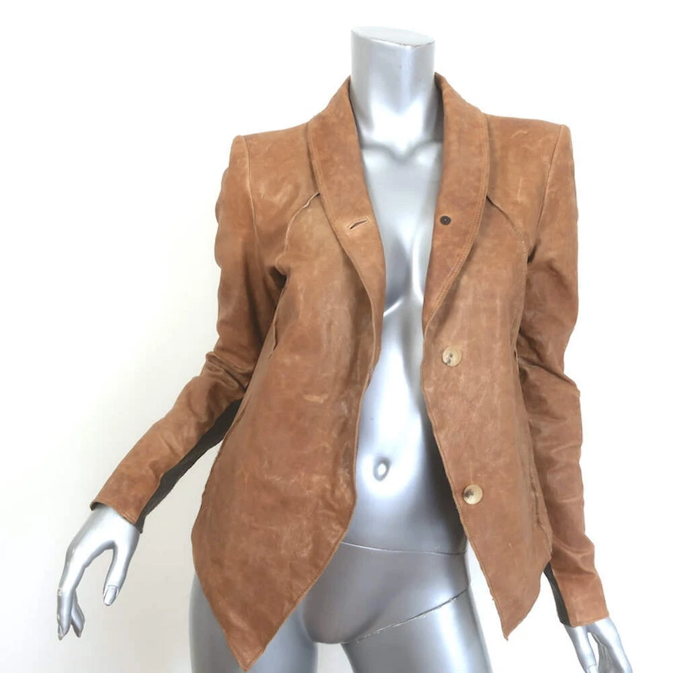 Helmut Lang Distressed Leather Button-Front Jacket Brown Size Small - Image 1 of 4
