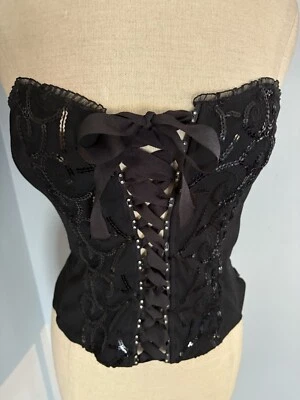 Corsé Top Vintage Años 90 Y2K Negro Encaje Lentejuelas Estrás Club Gótico Vamp Glam Mall Foto 1 de 4