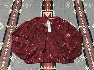 Alice + Olivia $350 Avila Sequin Crewneck Sleeve Crop Top Red Bordeaux S NWT T17 - Picture 1 of 7