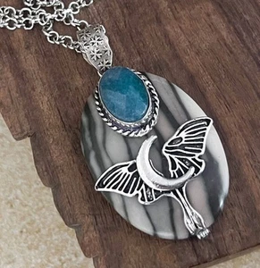 Picasso Jasper Necklace Gemstone Pendulum Pendant Lunar Moth Centerpiece - Picture 1 of 5