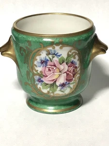 Limoges France Small 2 Handle Pedestal Cup Floral Roses & Gold Trim Aqua Green - Picture 1 of 14