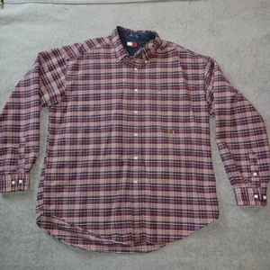 Vintage 90s Tommy Hilfiger Button Up Shirt XL Red Plaid Crest Logo Cotton Mens - Picture 1 of 6