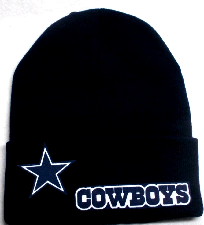 Dallas Cowboys flat applique logo on a Navy Blue beanie cap hat. See details