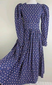 True Vintage Laura Ashley Dress Prairie Puff Slv Square Neck Blue Rose Floral XS - Picture 1 of 21