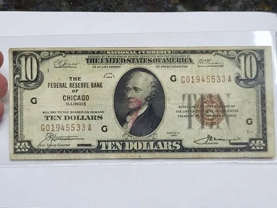BROWN SEAL 1929 $10 National Currency Note Chicago Branch - Image 1 of 4