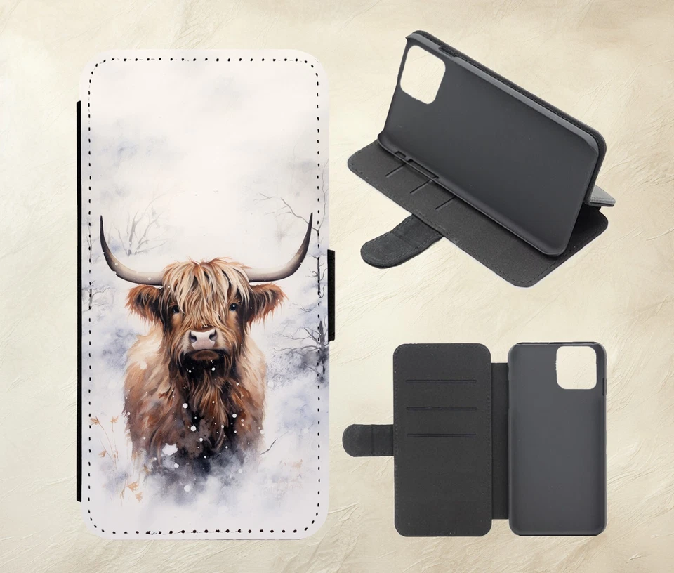 Winter Snow Highland Cow PU Leather Flip Case for iPhone Samsung Huawei Pixel - Image 1 of 1