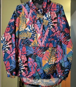 Lauren James Anorak Windbreaker Womens L Jacket Hooded Floral Pink Blue Vented - Picture 1 of 12