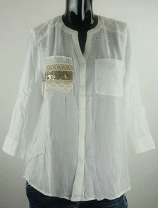 NEW MISS ME SHIRT S SMALL MDT609L IVORY SEQUIN BUTTON UP BLOUSE - Picture 1 of 8