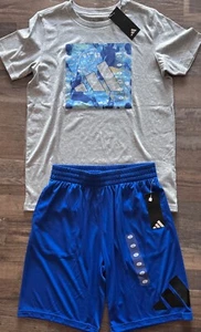 NWT Adidas Boys YLG Gray/Royal Blue/Light Blue Basketball Shorts Set Large - Picture 1 of 4