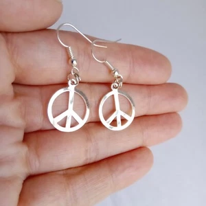 Peace Symbol Earrings Silver-plated Metal 1.7 cm Sign Hippy 60s 70s Festival Fun - Picture 1 of 7