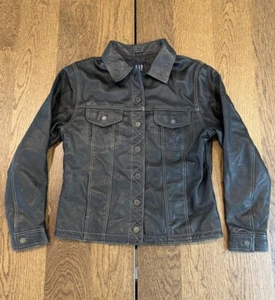 Vintage Gap Y2K Black Leather Trucker Jacket Women’s Size M Button Up Pockets - Picture 1 of 15
