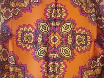 Vintage Acetate Satin Head Scarf Made In Japan Orange Purple Gold - Image 1 of 4