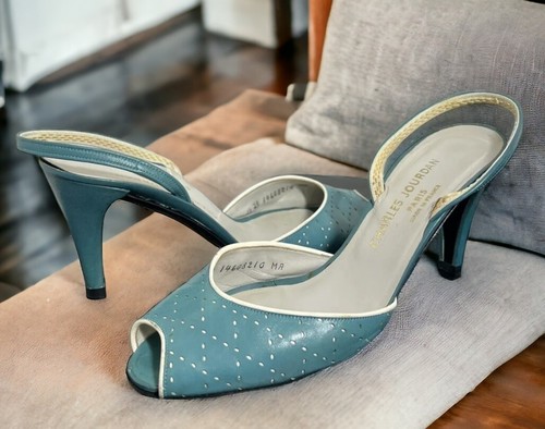 JORDAN Rari sandali vintage anni 80 Charles Jourdan in pelle a rete turchese con tacco misura 8 5