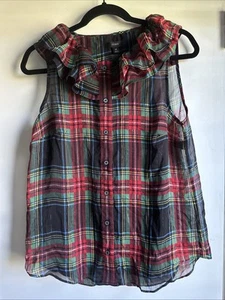 J Crew ärmelloses Oberteil mit Rüschenkragen schwarz Steward Tartan durchsichtig Bluse Damen XS - Bild 1 von 8
