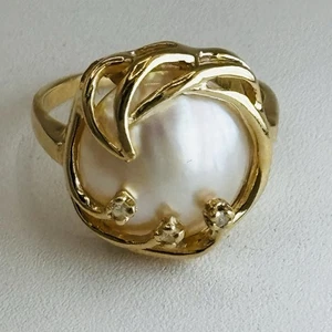 Nachlass 14k Gelbgold Mabe Perlen Ring 3 natürliche Diamanten Halo 15mm 4,81 Gramm 6 - Bild 1 von 5