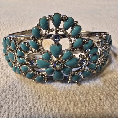 Brazalete Brazalete Floral Estrás Azul Turquesa - Brazalete Abierto Tono Plata Moda Foto 1 de 4