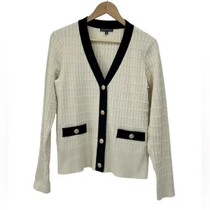 Adrianna Papell V-Ausschnitt Zopfmuster Goldknopf Cardigan Pullover Creme Schwarz - M - Bild 1 von 8