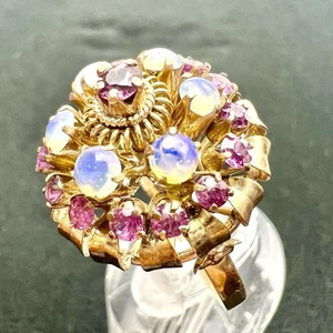 Vintage Thai Ruby And Moonstone Princess Harem Dome Ring Stamped 14k, Size 8.75 - Picture 1 of 16