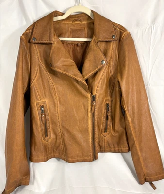 MAX STUDIO 女式棕色人造皮革不对称前拉链摩托车夹克 XL — 第 1/4 张图片