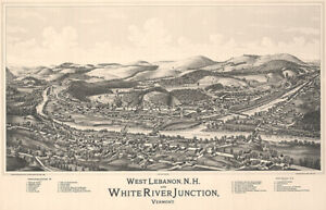 West Lebanon NH - White River Junction Vermont 1889 Aerial Bird's Eye Map Poster