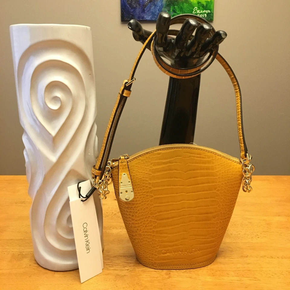 Calvin Klein Statement Series Lock Croc Emboss Leather Crossbody Bucket Bag