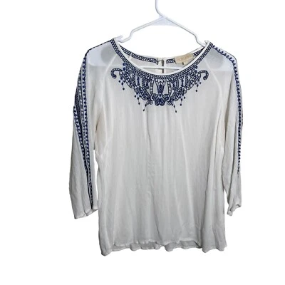 Lucy & Laurel Blouse Women's Large Embroidered Sheer Blue White 3/4 Sleeve Top - Image 1 of 4