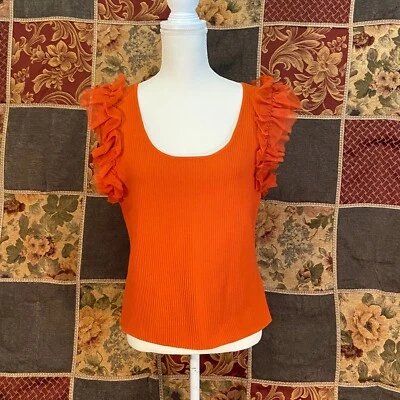 Camiseta sin mangas Bailey 44 ajustada acanalada para mujer grande naranja manga con volantes adelgazante Foto 1 de 4