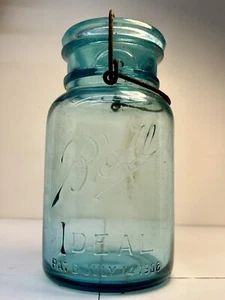 Blue Quart  Size Ball Ideal Canning Jar with Ball Clear Glass Lid  1908 - Picture 1 of 10